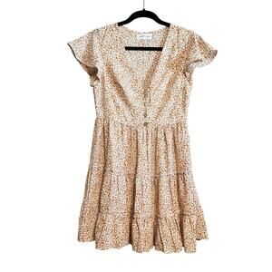 Petal & Pup Dancer Floral Button Up Tiered Tan Cream Mini Dress Size 6